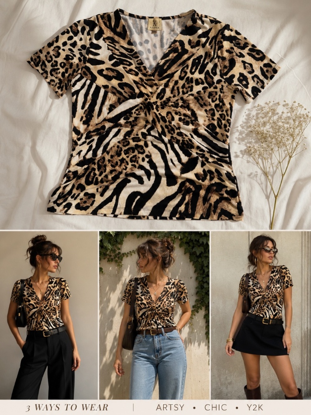 Mixed Animal Print Faux Wrap Top